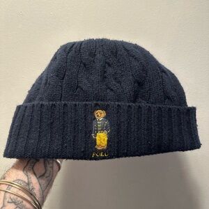 Ralph Lauren Navy Knit Beanie with Embroidered Polo Bear